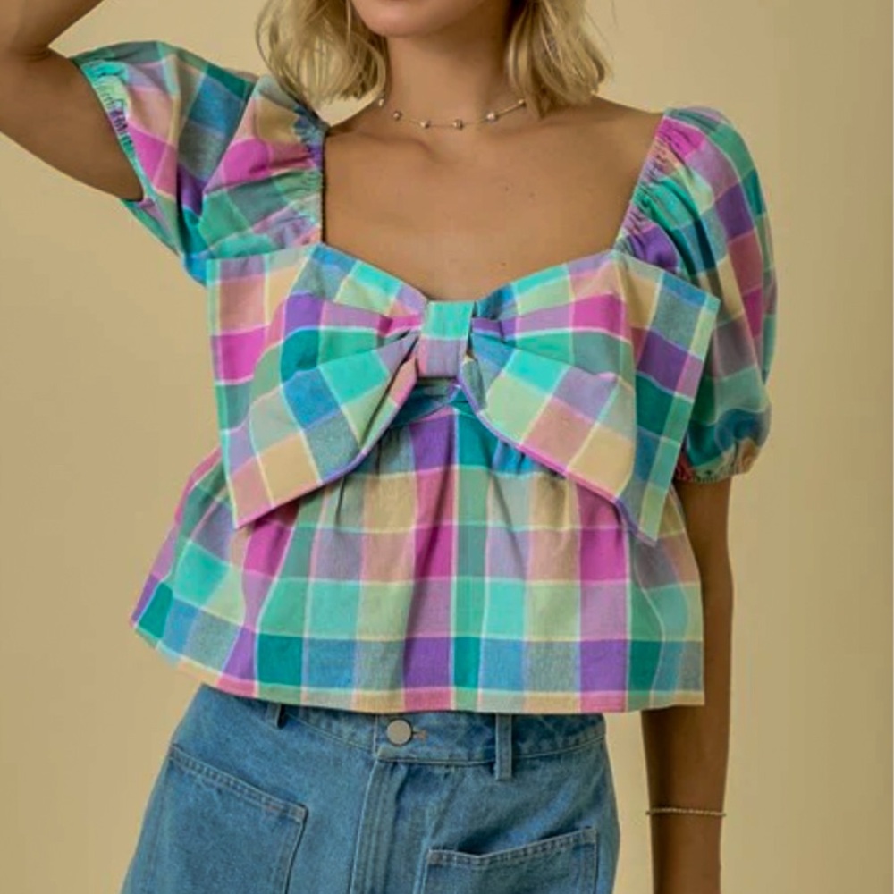 ✨Pastel Gingham Bow Blouse